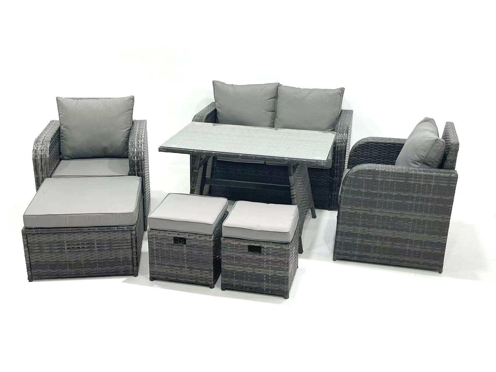 GARTENMÖBEL SET mit COUCHTISCH Polyrattan Dunkelgrau 7-Sitzer - Dunkelgrau/Grau, Glas/Kunststoff - Fimous