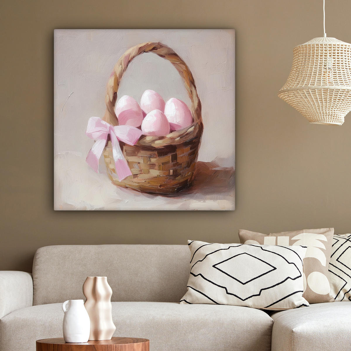LEINWANDBILD Korb - Eier - Rosa Deko Groß 90x90 cm - Beige, Textil (90/90cm) - MuchoWow
