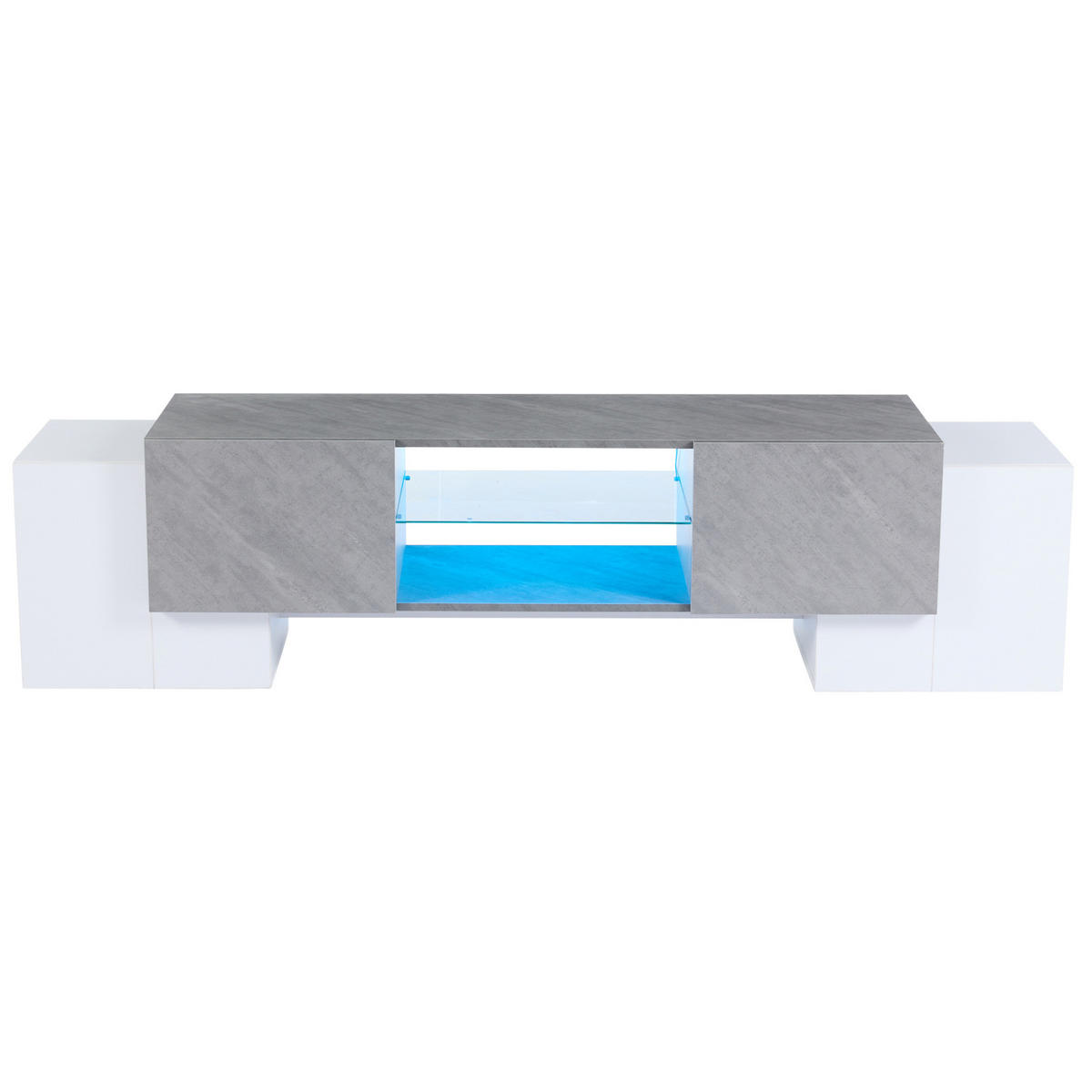 TV-LOWBOARD aus MDF 180x40x46,5 cm Weiß/Grau mit Bluetooth-LED, Hartglas-Ablage und 4 Türen - Weiß, Holzwerkstoff (180/46.5/40cm) - Modfu