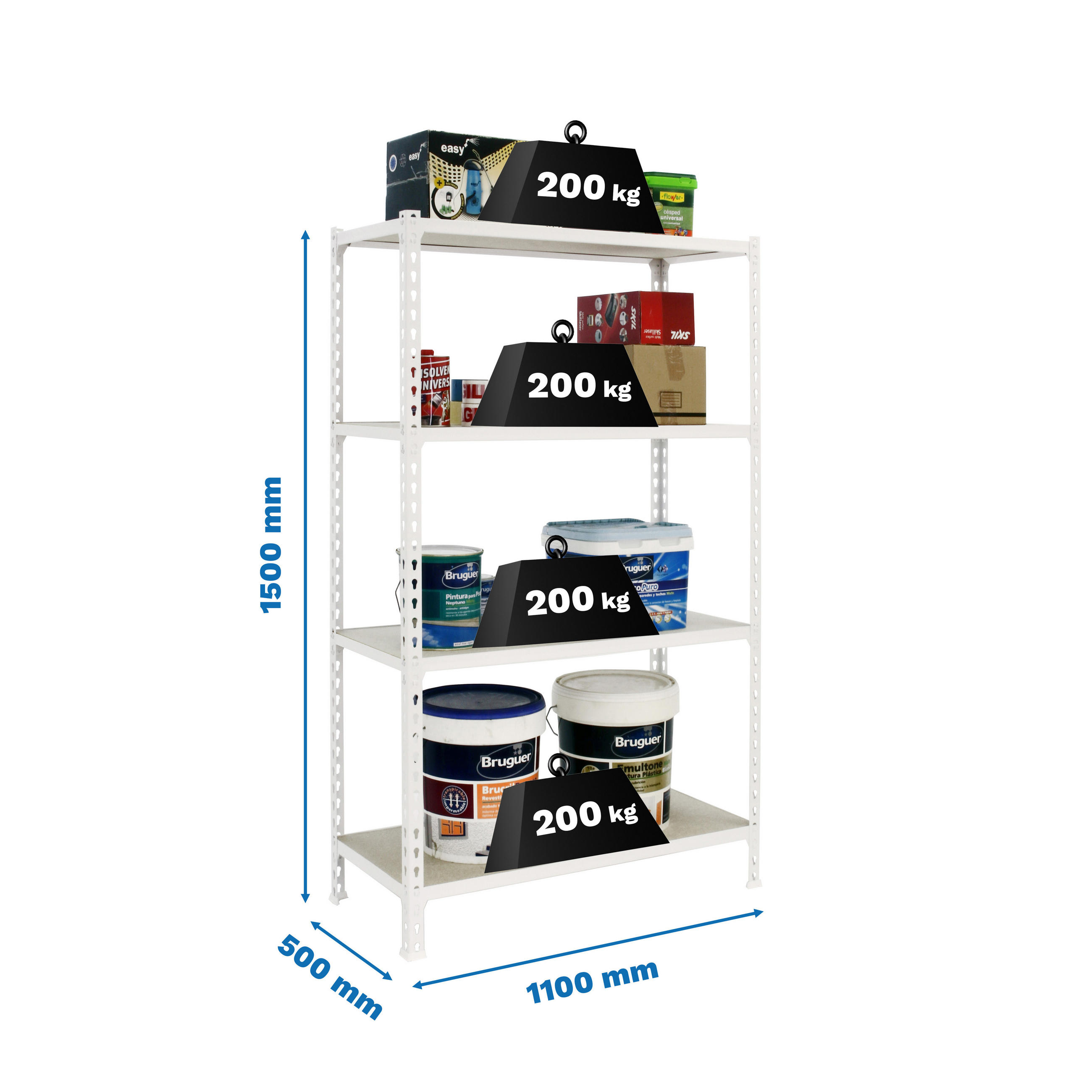 SCHWERLASTREGAL Mid Muli HxBxT 150 x 110 x 50 cm 4 Fachböden Fachlast 200 kg Weiß - Weiß, Metall (110/150/50cm) - PROREGAL