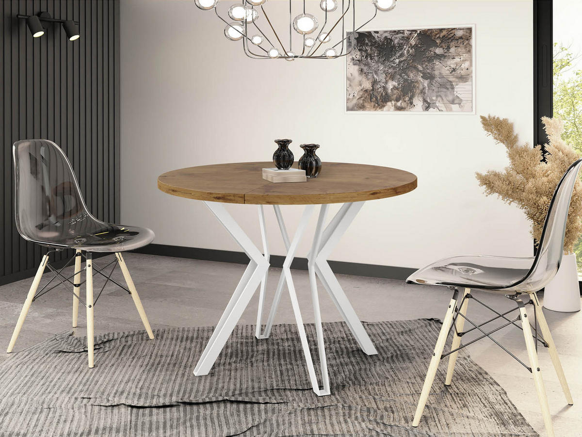 ESSTISCH Austin runder ausziehbarer, Lancelot Eiche 120-200/100/76 cm - Eichefarben/Weiß, Holzwerkstoff/Metall (120/120/76cm) - WFL GROUP