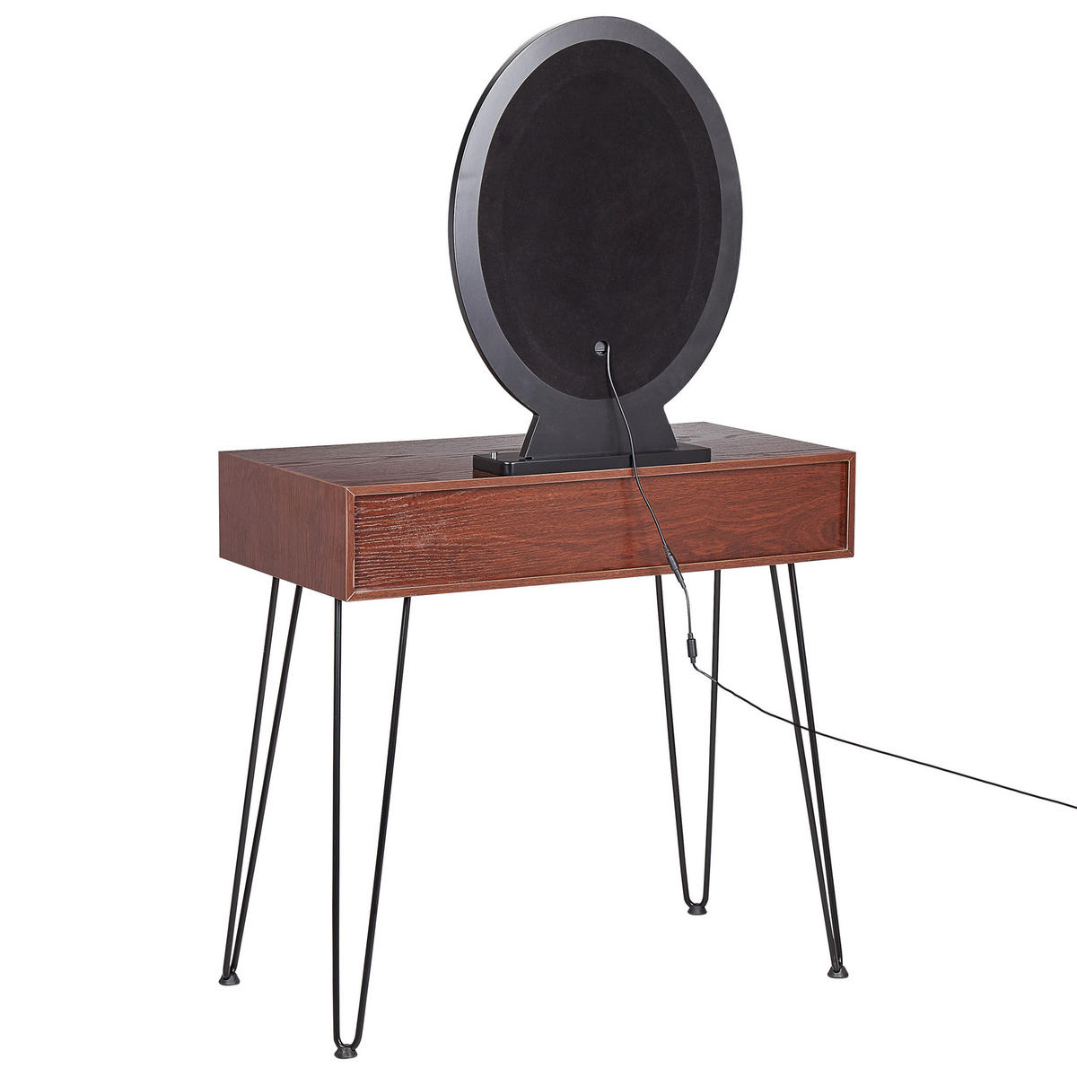 SCHMINKTISCH mit ovalem LED-Spiegel Hocker 2 Schubladen dunkler Holzfarbton/schwarz Loix - Dunkelbraun/Schwarz, Holzwerkstoff (80/137/40cm) - Beliani
