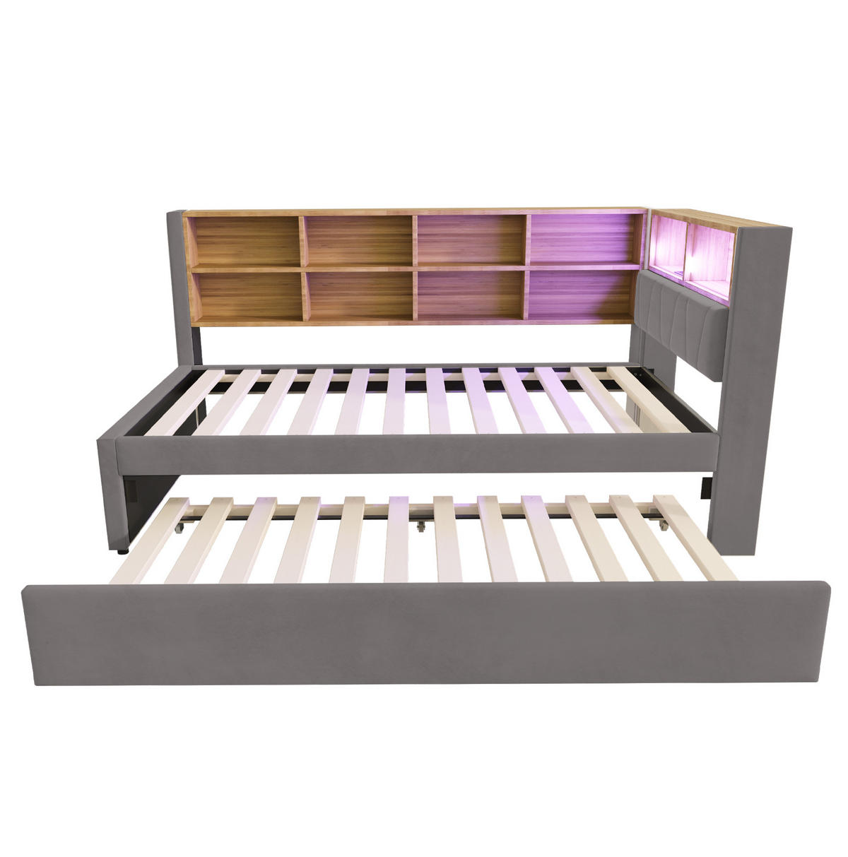 POLSTERBETT aus Flanell 90x200 cm Dunkelgrau mit Ausziehbett, LED, USB-/Type-C-Anschluss, Steckdose und Stauraum - Dunkelgrau, Textil (90/200cm) - Modfu