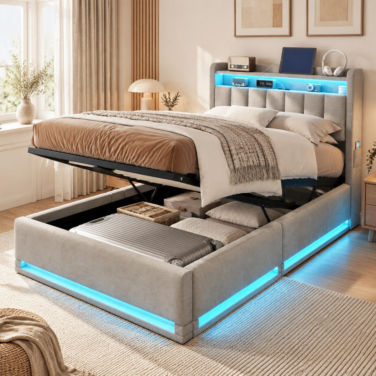 POLSTERBETT 90/200 cm,Einzelbett Grau aus Leinen, mit Stauraum, LED-Beleuchtung&USB-Ladefunktion - Naturfarben/Grau, Holz/Metall (90/200cm) - FURNISHINGS HOME