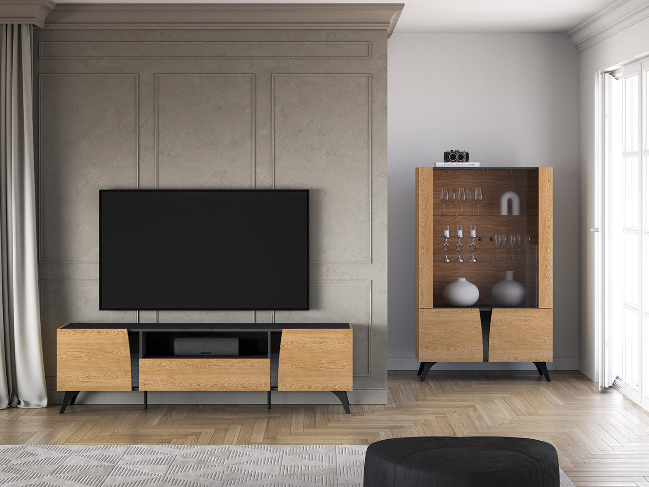 WOHNZIMMER-SET Toscania Eiche / Schwarz 2-teilig - Eichefarben/Schwarz, Holz/Holzwerkstoff (275/152/40cm) - Feldmann-Wohnen