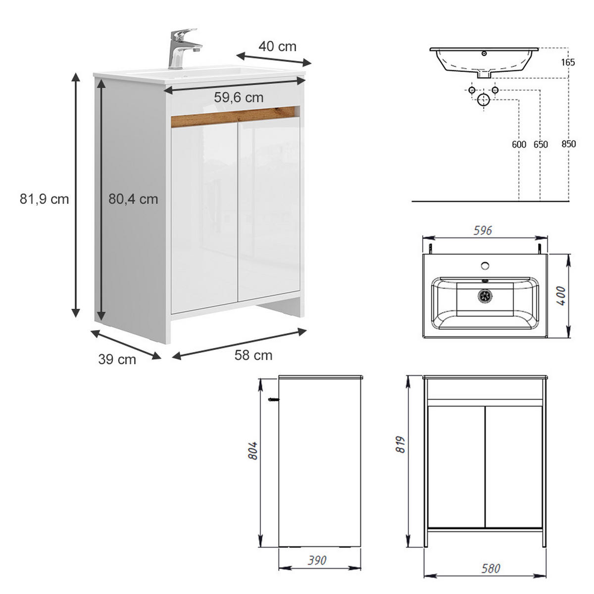WASCHTISCHKOMBI Lemgo Weiß 2 Teile, Unterschrank 60 cm - Weiß Hochglanz/Weiß, Holzwerkstoff (59.6/81.9/40cm) - Vicco