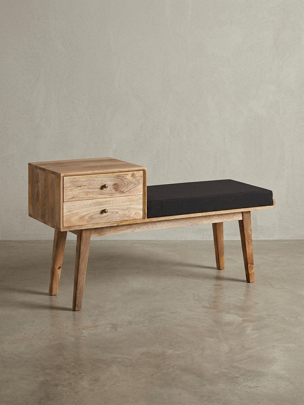 SITZBANK – Mango Holz, Schwarz, Schubladen, Retro-Stil - Schwarz/Braun, Holz/Textil (120/65/40cm) - KADIMA DESIGN