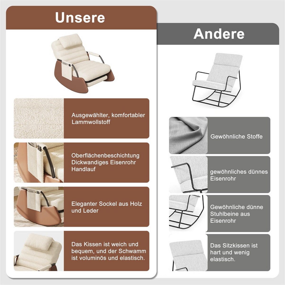 SCHAUKELSTUHL mit ausziehbarer Fußauflage und Kopfkissen - 3 stufig verstellbare Rückenlehne und Lammfell-Imitat - Beige - Beige, Textil (67/92/91.5cm) - DELFA