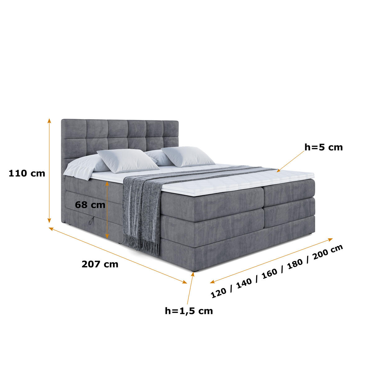 BOXSPRINGBETT BRUGO KING - 140 x 200 - H3/H4 - Dunkelgrau - Dunkelgrau, Holzwerkstoff (140/200cm) - ALTDECOR