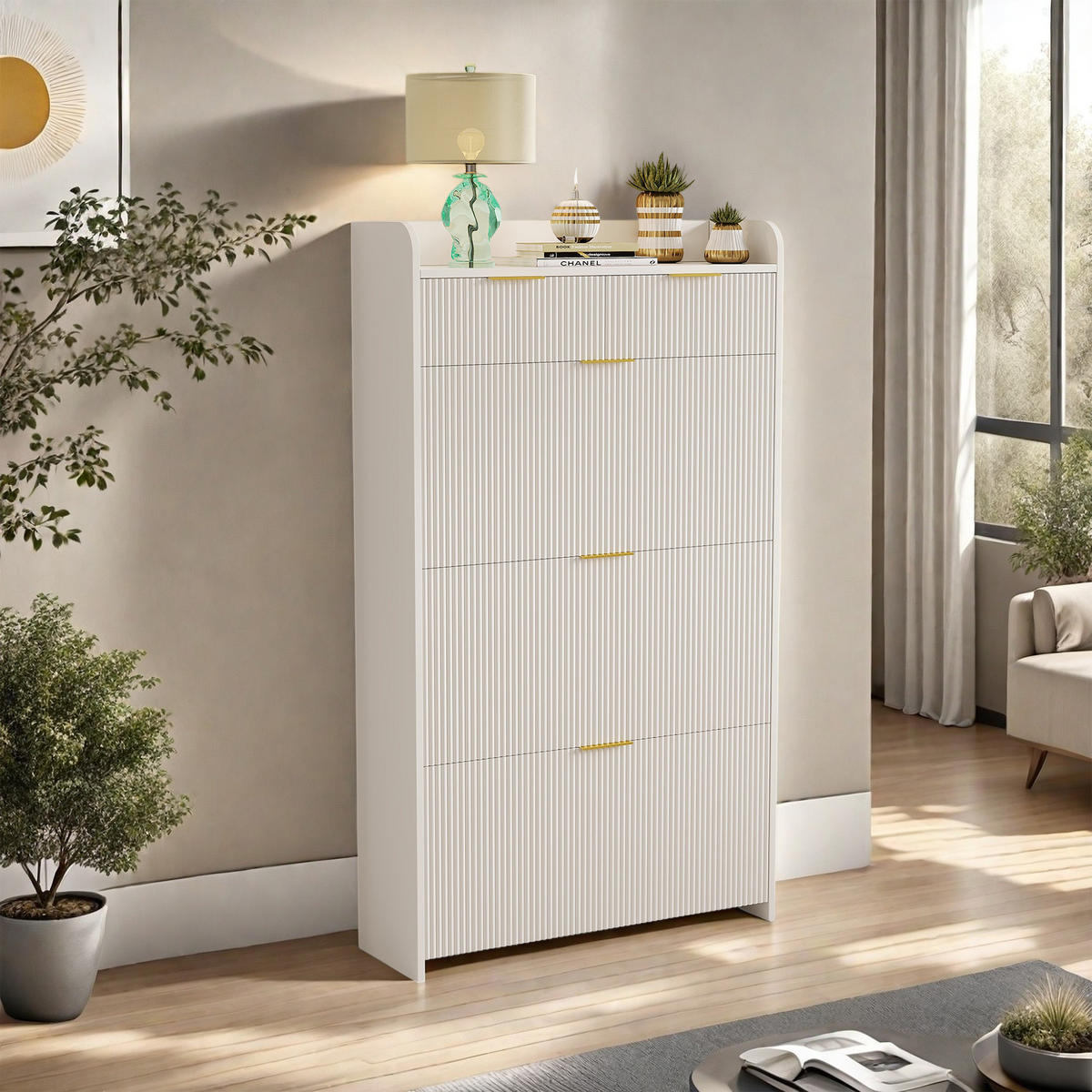 SCHUHSCHRANK mit 3 Fächern und 2 Schubladen, Eingangsmöbel, Weiß - Weiß, Holz (24/133/77cm) - GENKI LIVING