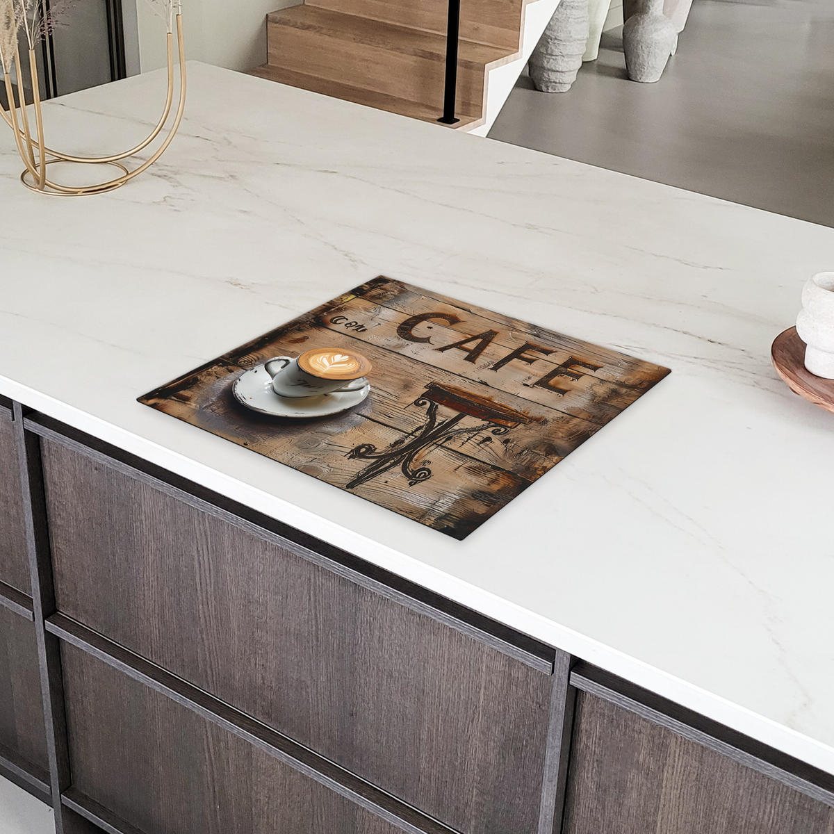 HERDABDECKPLATTE Cafe - Holz - Kaffee - Regale 59x52 cm - Schwarz, Kunststoff (59/0.2/52cm) - MuchoWow