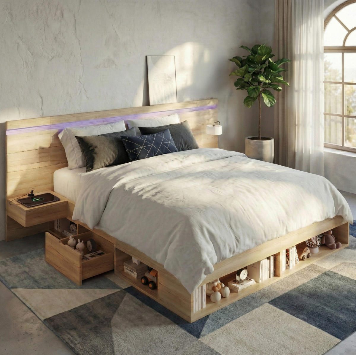 MANŽELSKÁ posteľ z MDF 180x200 cm prírodná s LED osvetlením, USB a USB-C nabíjaním, úložným priestorom - prírodná farba, kompozitné drevo (180/200cm) - Modfu