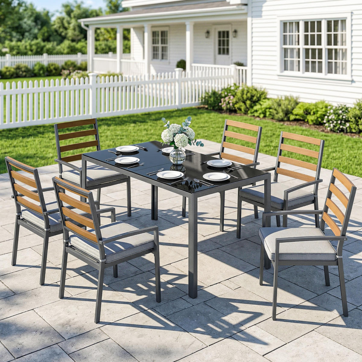 GARTEN-ESSSET 7-teilig,Tisch+Stühle für 6 Personen,schwarz - Grau, Metall - Vallsero