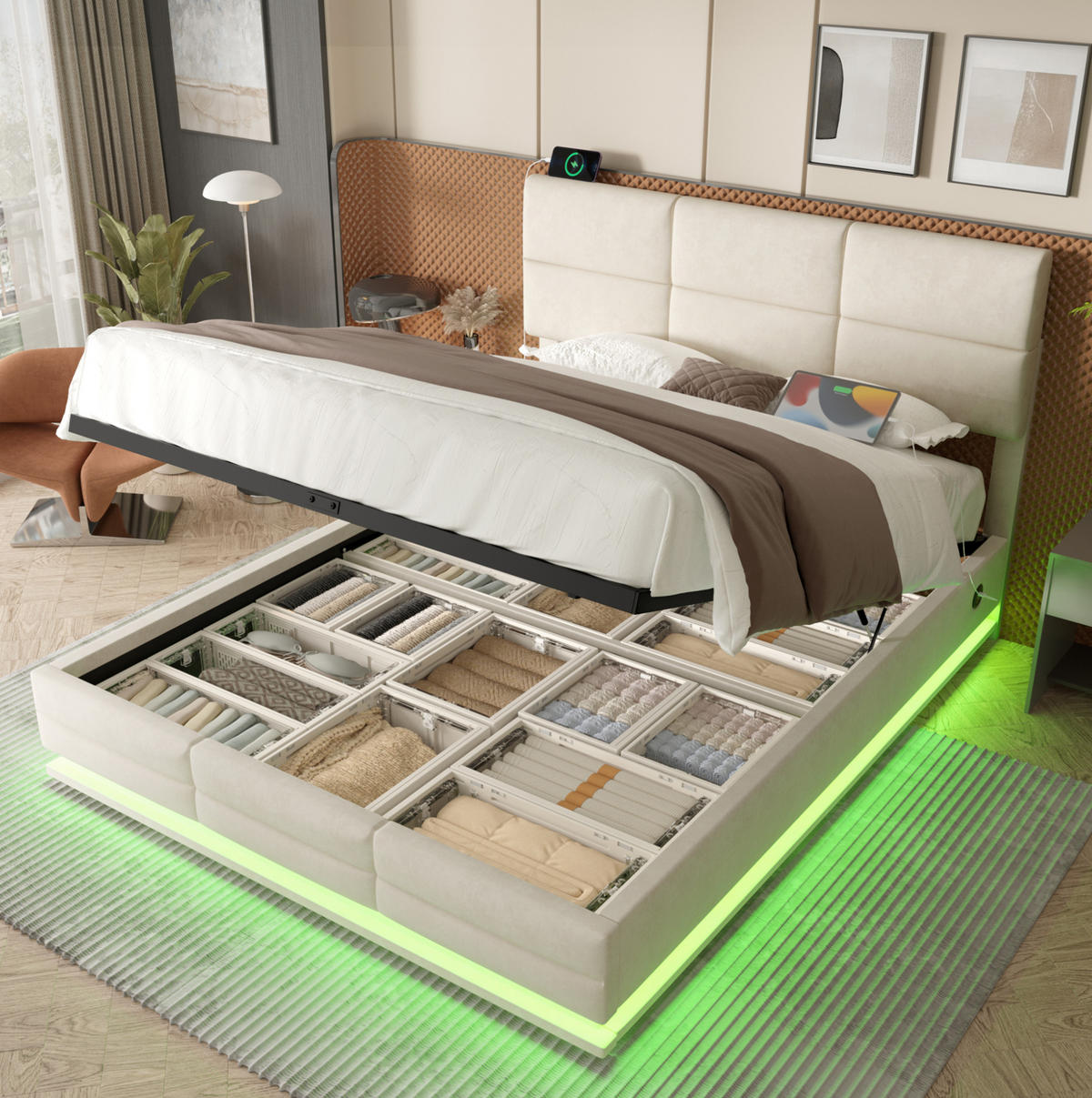POLSTERBETT 140/200 cm aus Samt mit LED-Beleuchtung, USB-Anschlüssen und Stauraum Beige - Beige, Textil (140/200cm) - Modenvie