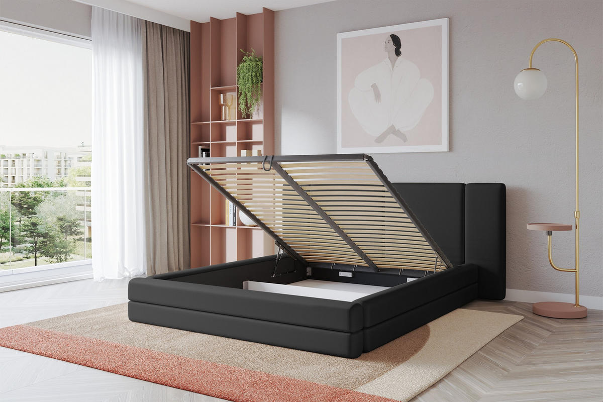 POLSTERBETT mit Bettkasten und Lattenrost, Boxbett ohne Matratze - TEVO 200x200 Schwarz - Schwarz Hochglanz, Holzwerkstoff/Textil (200/200cm) - ALTDECOR