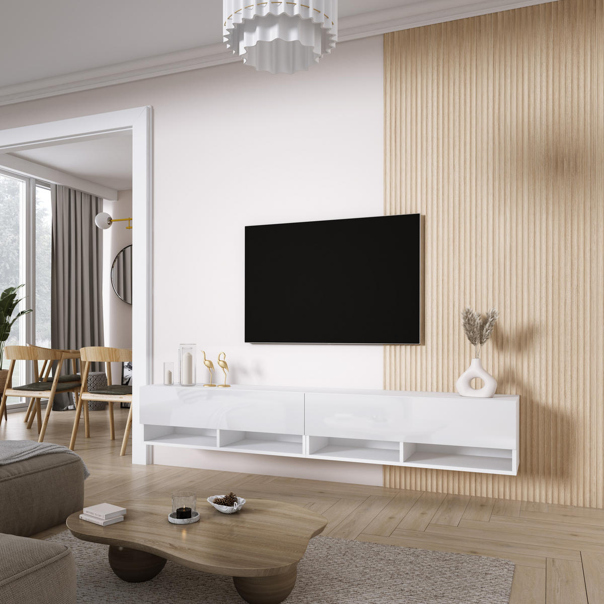 TV-LOWBOARD 200 (2 x 100) cm Mattweiß / Hochglanzweiß, 200 × 32 × 34 cm - Weiß, Holzwerkstoff (200/33.6/32cm) - 3XE LIVING