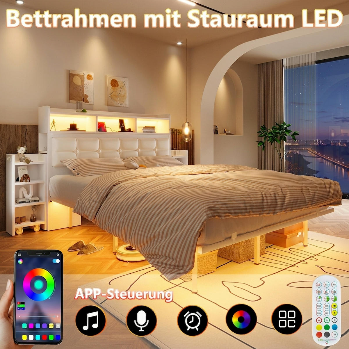METALLBETT 140/190 cm Weiß mit 2 ausziehbaren Nachttischen, LED und Ablagefächern - Weiß, Metall (140/190cm) - Oxeza