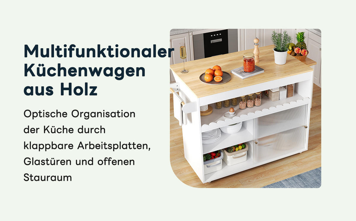 KÜCHENINSELWAGEN mit klappbarer Arbeitsplatte 122 x 46(69) x 91 cm Weiß/Natur - Weiß, Holz (46/91/122cm) - Beauniv