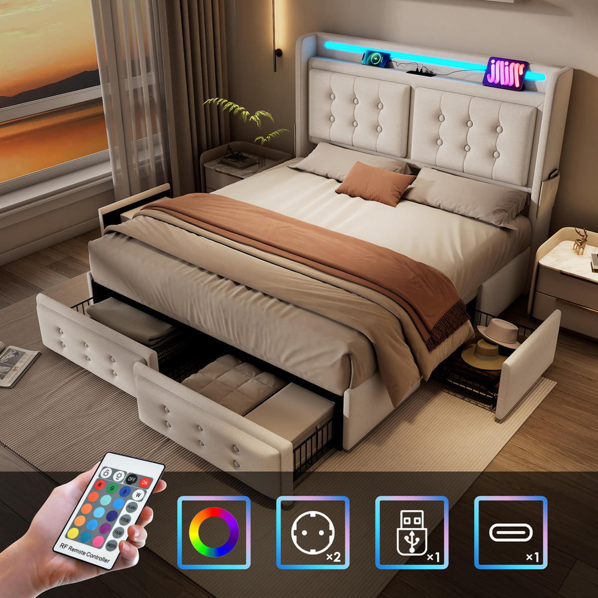 POLSTERBETT 160x200cm Doppelbett LED-Kopfteil USB-C 4 Schubladen Beige - Beige, Holz - FLIEKS