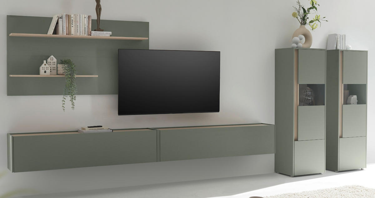 WOHNWAND Salbei grün, Eiche Barista, Wohnkombination Set 5-teilig mit XXL-TV-Schrank 440 cm - Salbeigrün/Eichefarben, Glas/Holzwerkstoff (440/180/40cm) - Furn.Design
