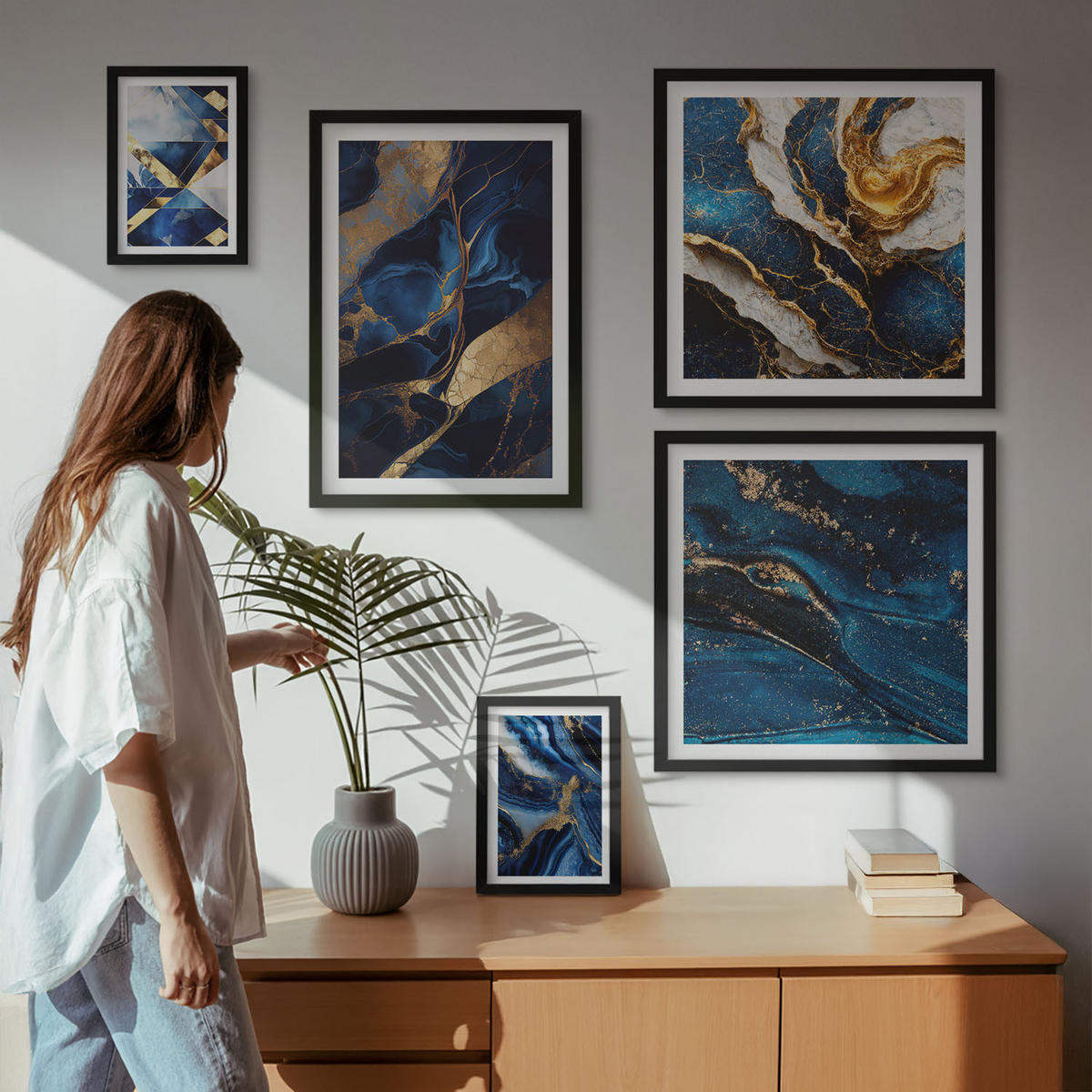 WANDBILDER 5er-Set - 50x50 cm & 20x30 cm & 40x60 cm Schwarzer Rahmen - Abstrakte, elegante Muster - Schwarz, Kunststoff (40/60cm) - ArtPrintCave