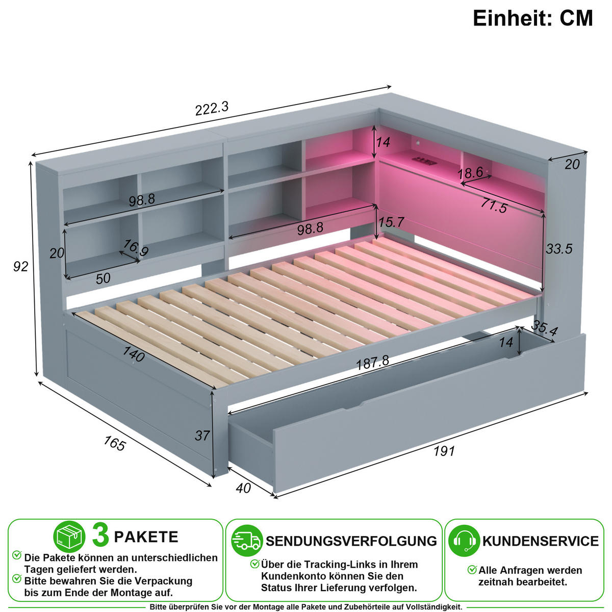 POSTEL 140/200 cm v šedé barvě s úložným prostorem, LED osvětlením a USB - šedá, dřevo/kompozitní dřevo (140/200cm) - CHICFURN