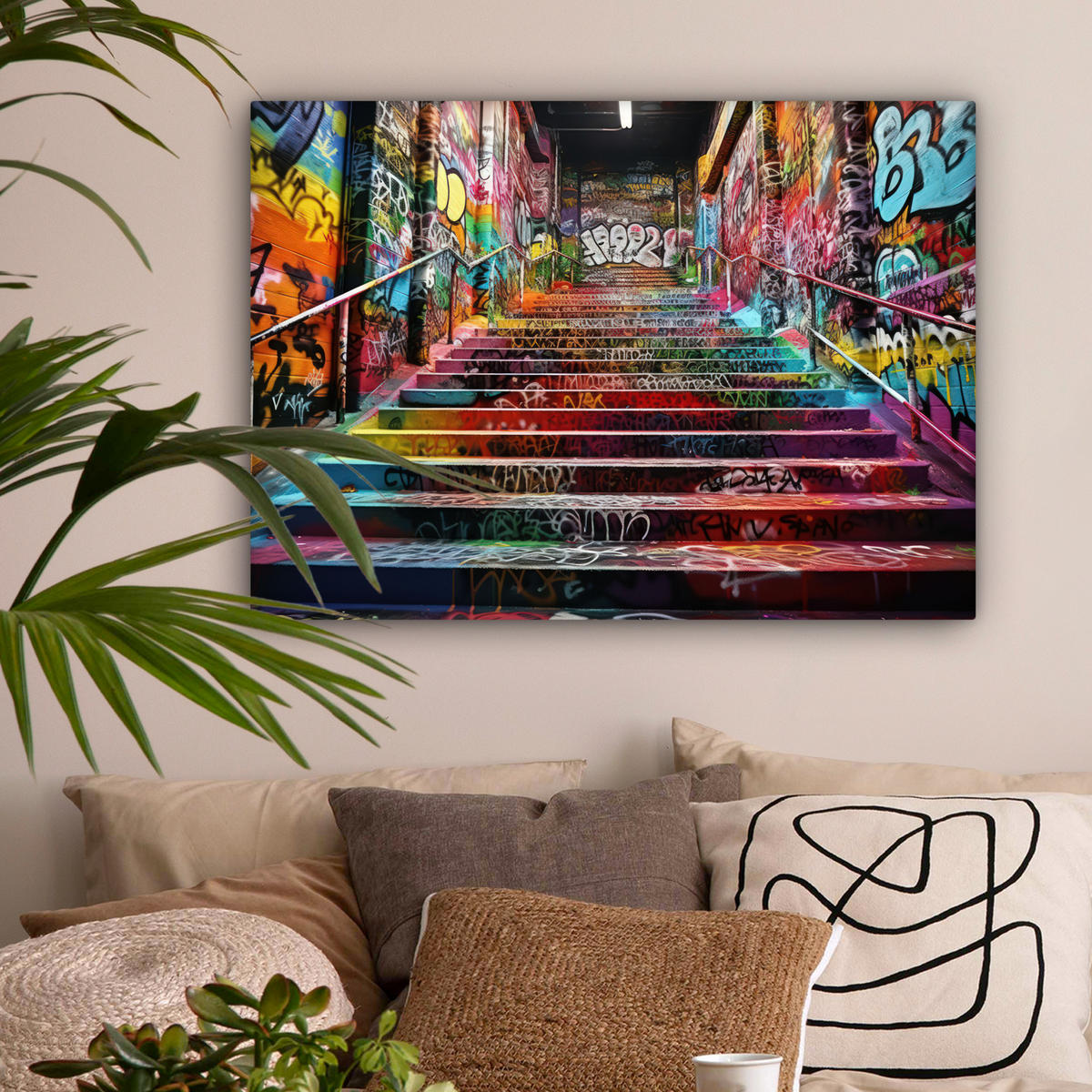 LEINWANDBILD Treppe - Graffiti - Farben - Kunst Wandbilder 80x60 cm - Multicolor, Textil (80/60cm) - MuchoWow