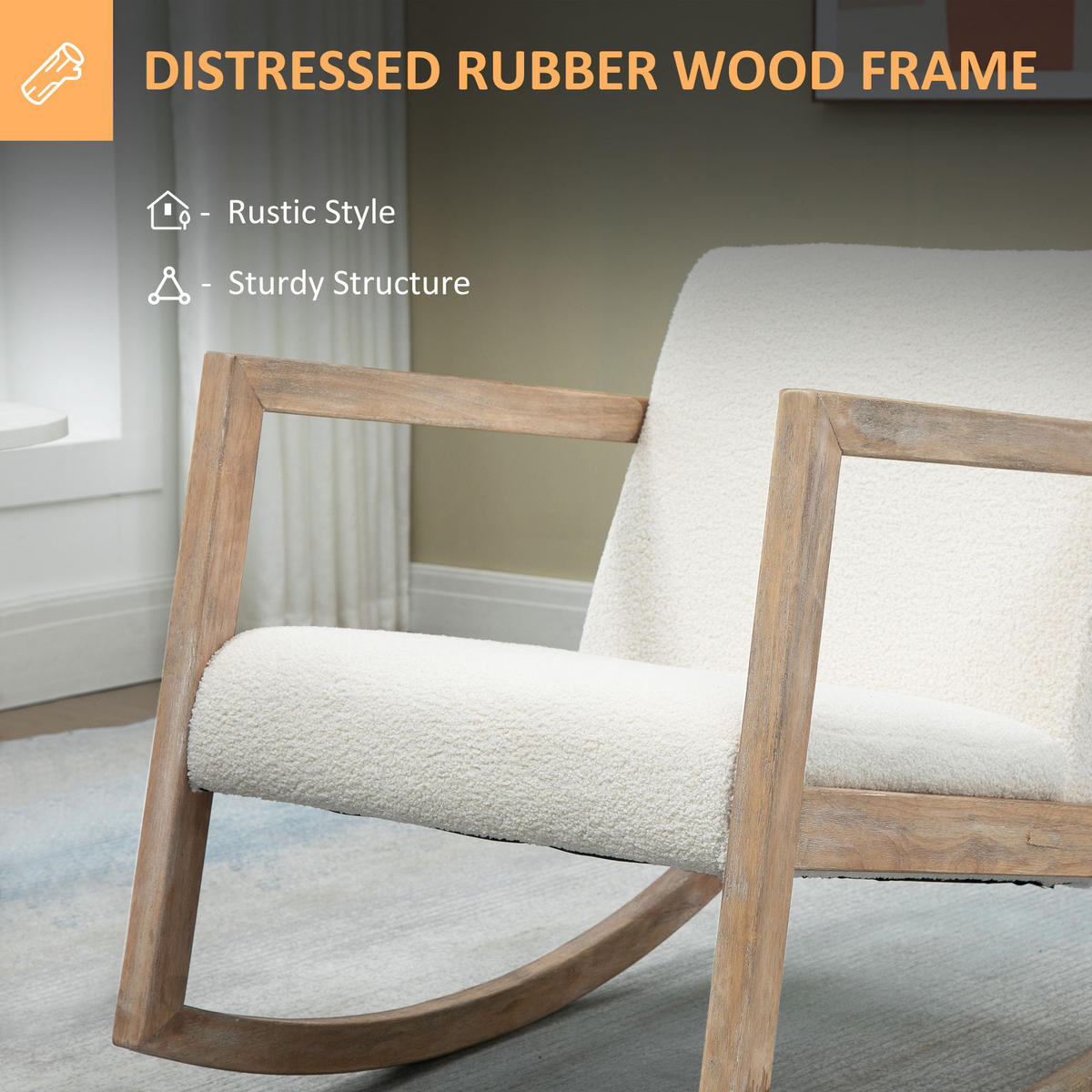 SCHAUKELSTUHL mit Holzrahmen Wohnzimmersessel Lounge Kautschukholz Cremeweiß - Creme, Kunststoff (81/71/60cm) - HOMCOM