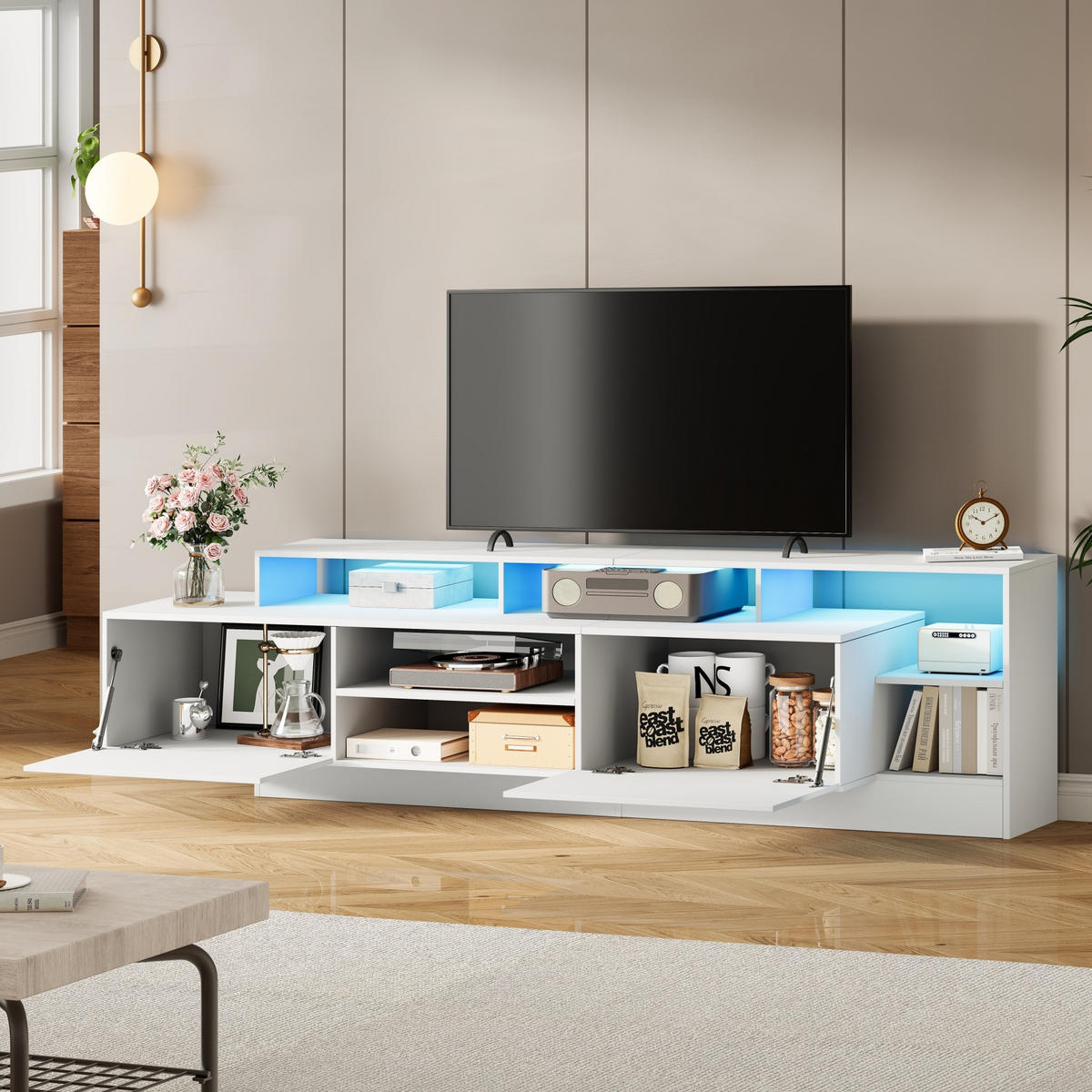 TV-LOWBOARD aus Spanplatte 190x40x48,5 cm Weiß mit LED-Beleuchtung, Klapptüren und Hochglanzfront - Weiß, Holzwerkstoff (190/48.5/40cm) - Modfu