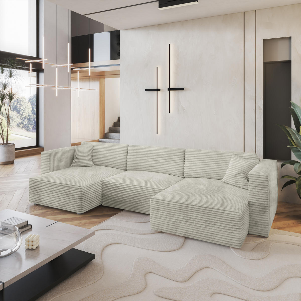 WOHNLANDSCHAFT SARMO Hellgrau Kordstoff mit Schlaffunktion - Hellgrau, Holz (347/90/148cm) - MASSENO