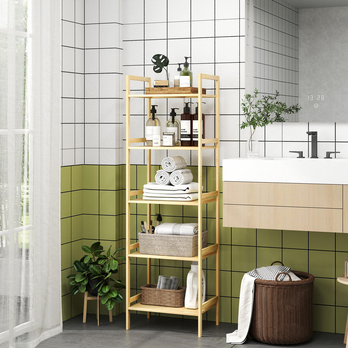 BADREGAL mit 5 Ebenen, 43,5 x 31,5 x 142 cm, Naturholz - Naturfarben, Naturmaterialien (31.5/142/43.5cm) - HOMCOM