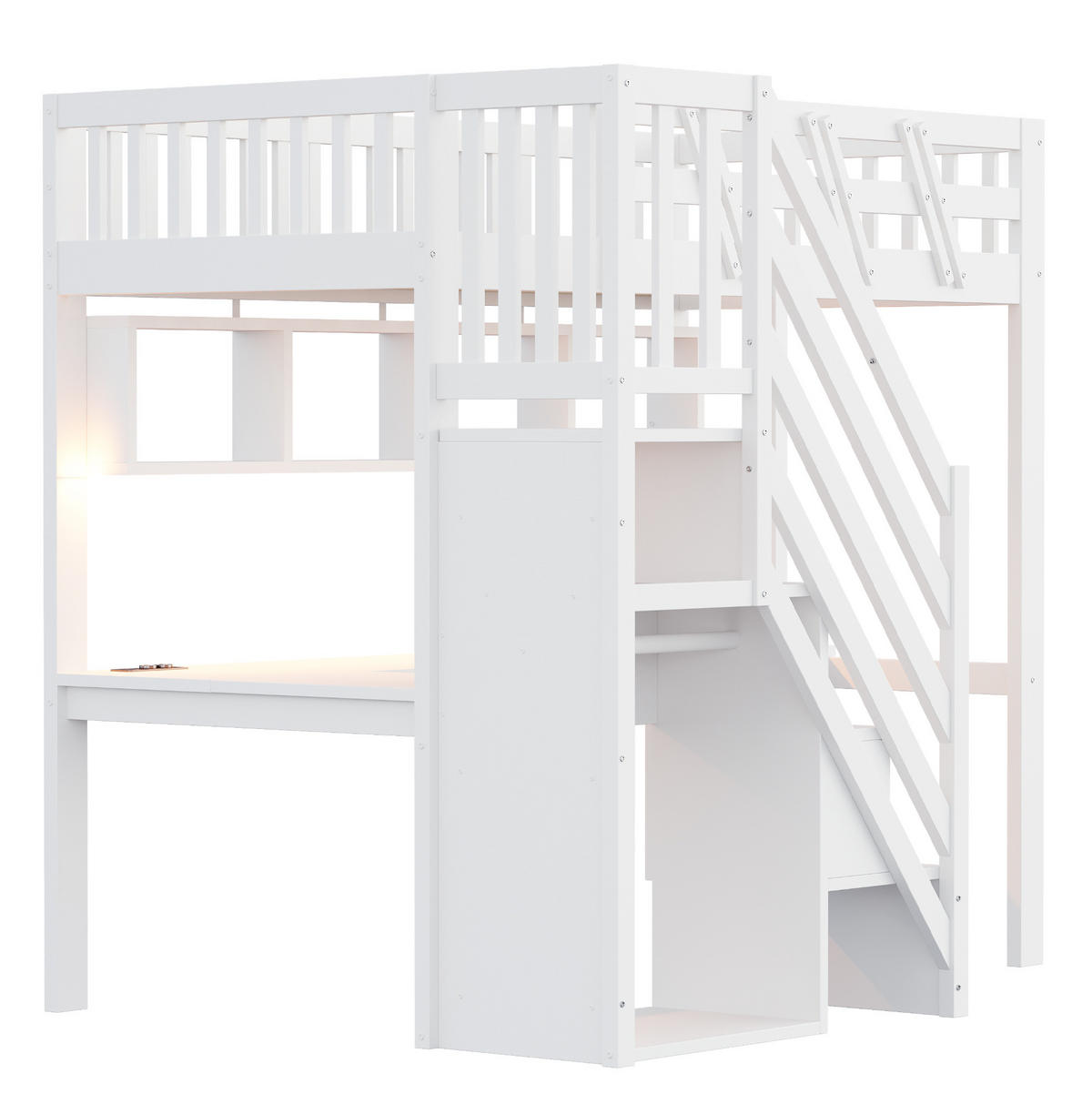 HOCHBETT aus Holz 90x200 cm Weiß mit Schreibtisch, Stauraumtreppe, LED-Beleuchtung und Steckdosen - Weiß, Holz (90/200cm) - IVMEU