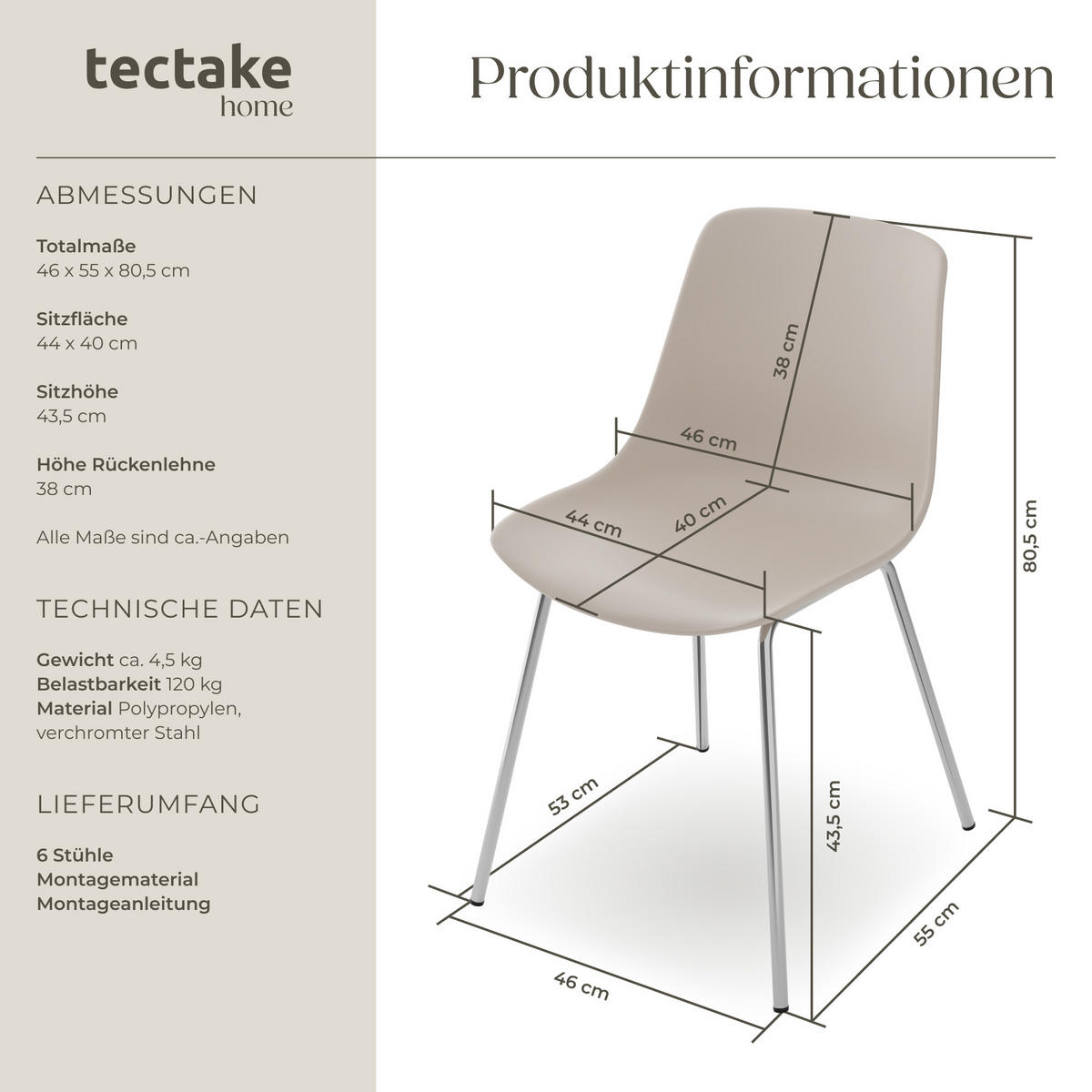 KUNSTSTOFFSTUHL 6er Set Mave 46 x 55 x 80 5 cm taupe/chrom - Taupe, Textil (46/80.5/55cm) - tectake