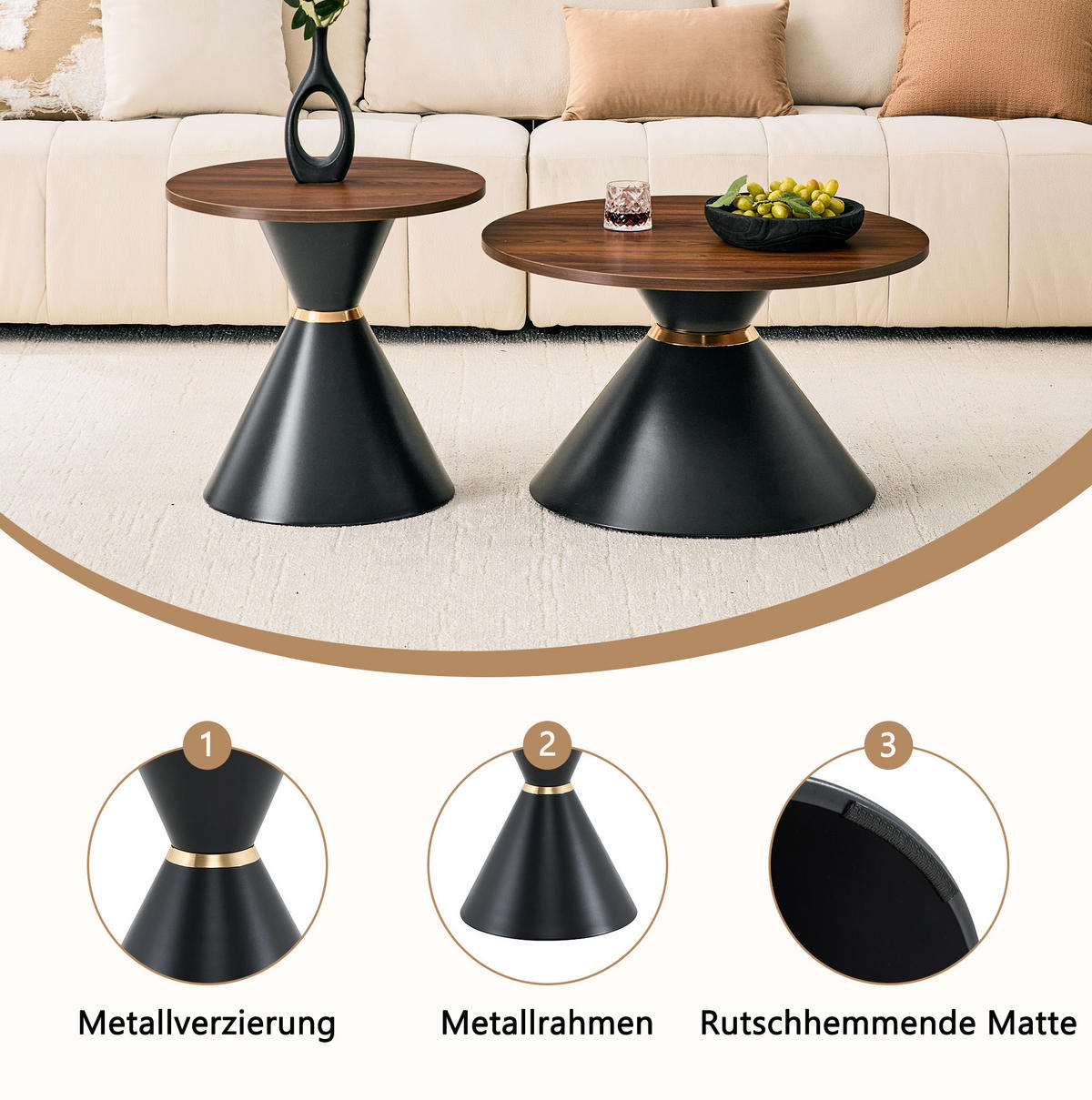 COUCHTISCH-SET 70/70/42,5 cm walnussfarben/schwarz aus Metall mit Konusform - Walnussfarben, Metall (70/70/42.5cm) - OKWISH