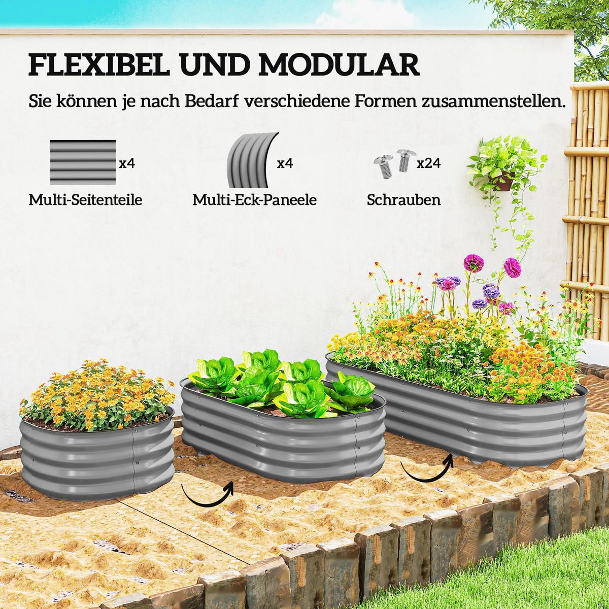 PFLANZENBEET, Kräuterbeet für Garten, Balkon, Silber, 150 x 62 x 30 cm - Silberfarben, Metall (62/30/150cm) - Outsunny