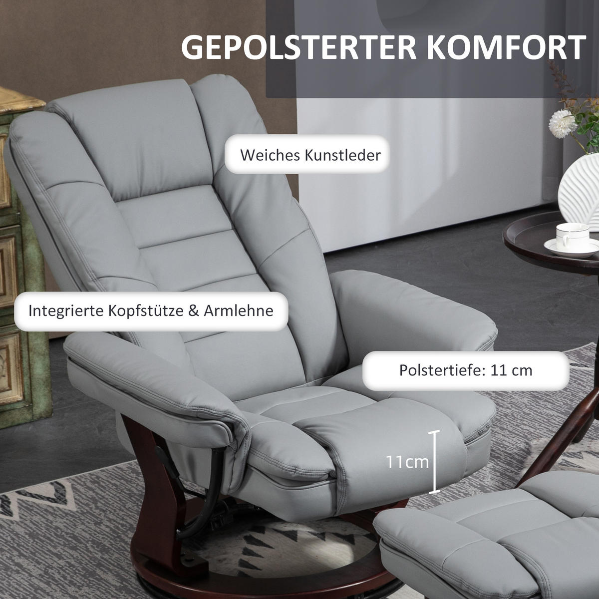 RELAXSESSEL mit Hocker 360°Drehbarer Fernsehsessel mit Liegefunktion Kunstleder - Braun/Grau, Leder/Holz (82/106/85cm) - HOMCOM