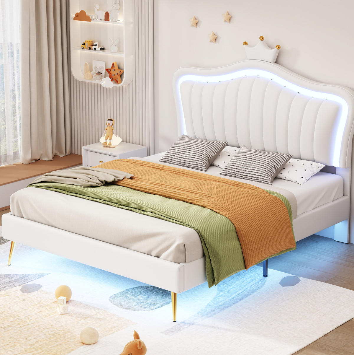 POLSTERBETT mit LED-Beleuchtung 140/200 cm aus Kunstleder mit verstellbarem Kopfteil - Weiß, Textil (140/200cm) - BEAOK