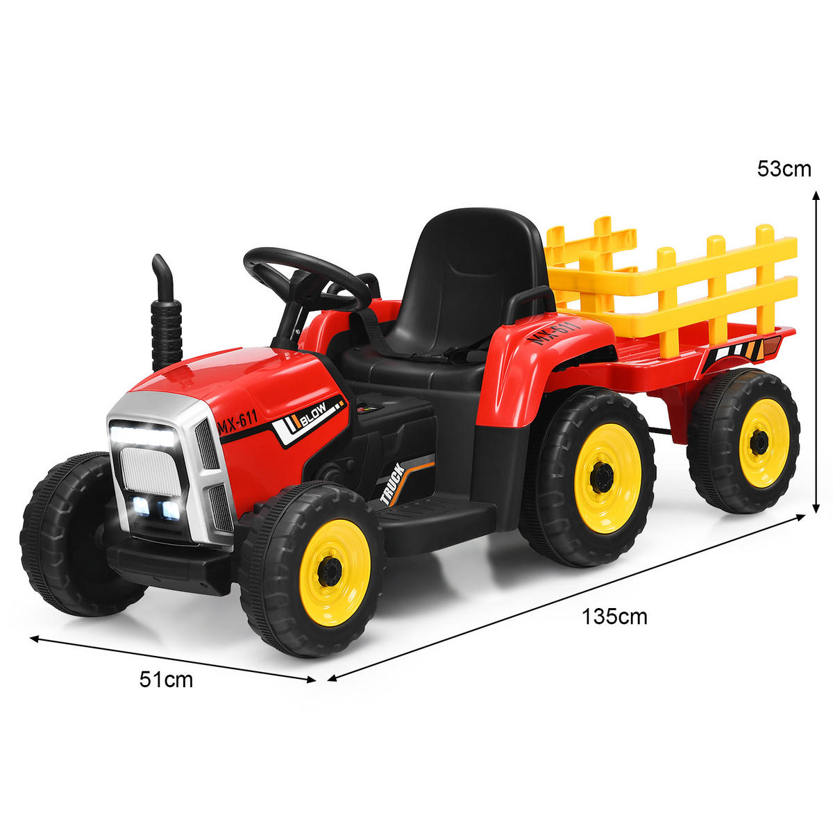 TRAKTOR 12 V 3-växlad Röd - Röd, Plast (135/53/51cm) - COSTWAY