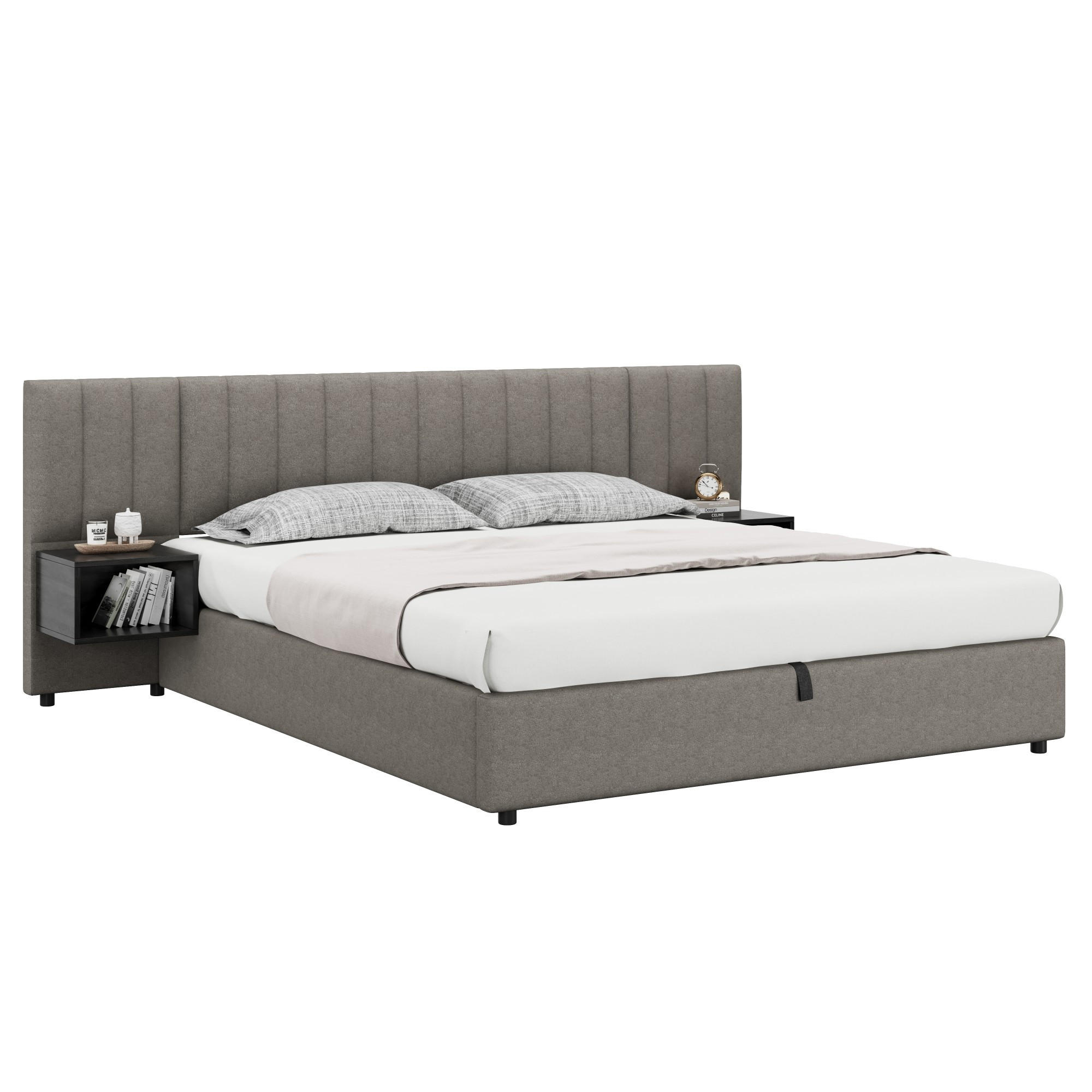 POLSTERBETT 180/200 cm Grau Schwarz mit hydraulischem Stauraum und 2 Nachttischen - Grau, Textil (180/200cm) - OKWISH