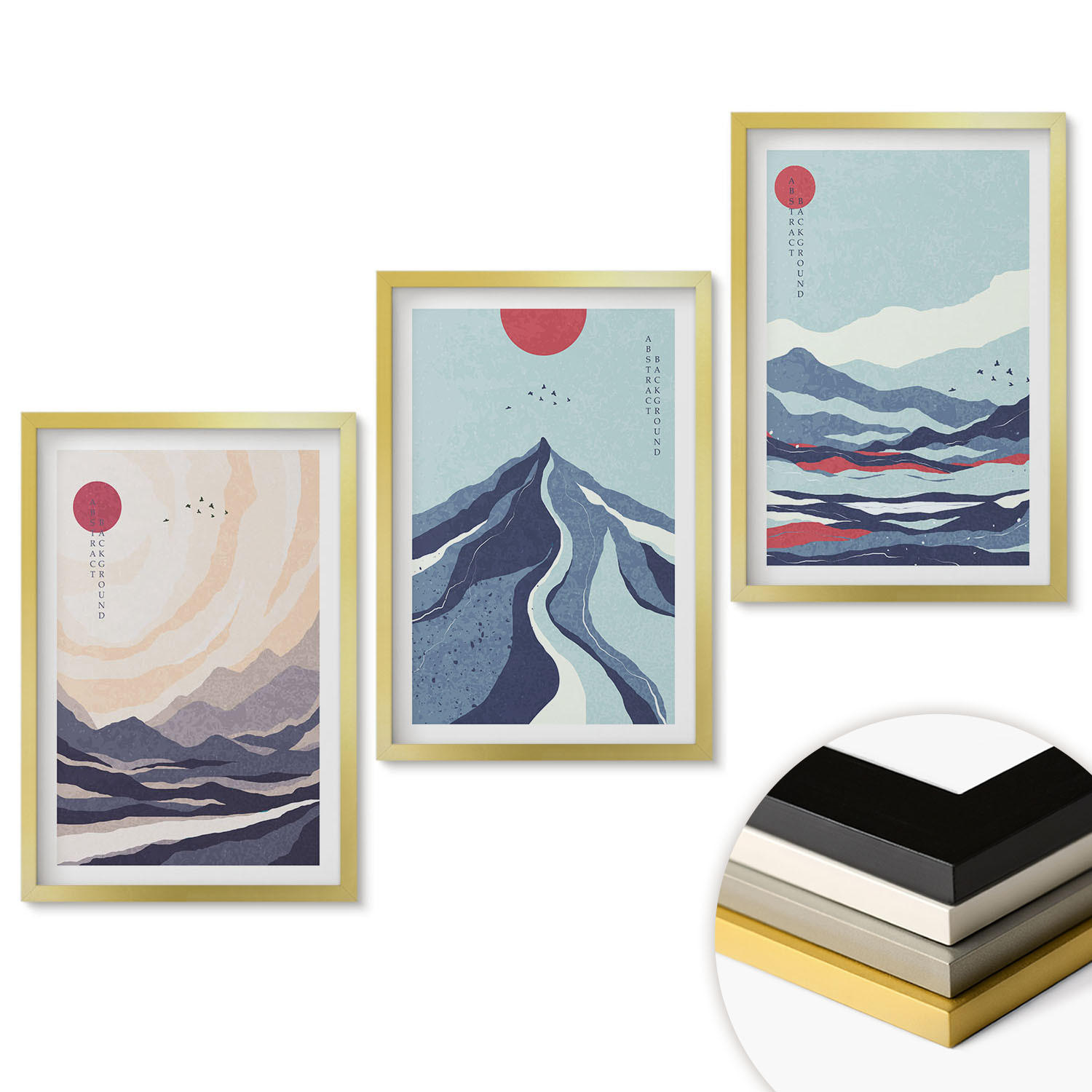 WANDBILDER 3er Set - 40x60 cm Goldrahmen - Abstrakte japanische Berge - Goldfarben, Kunststoff (40/60cm) - ArtPrintCave