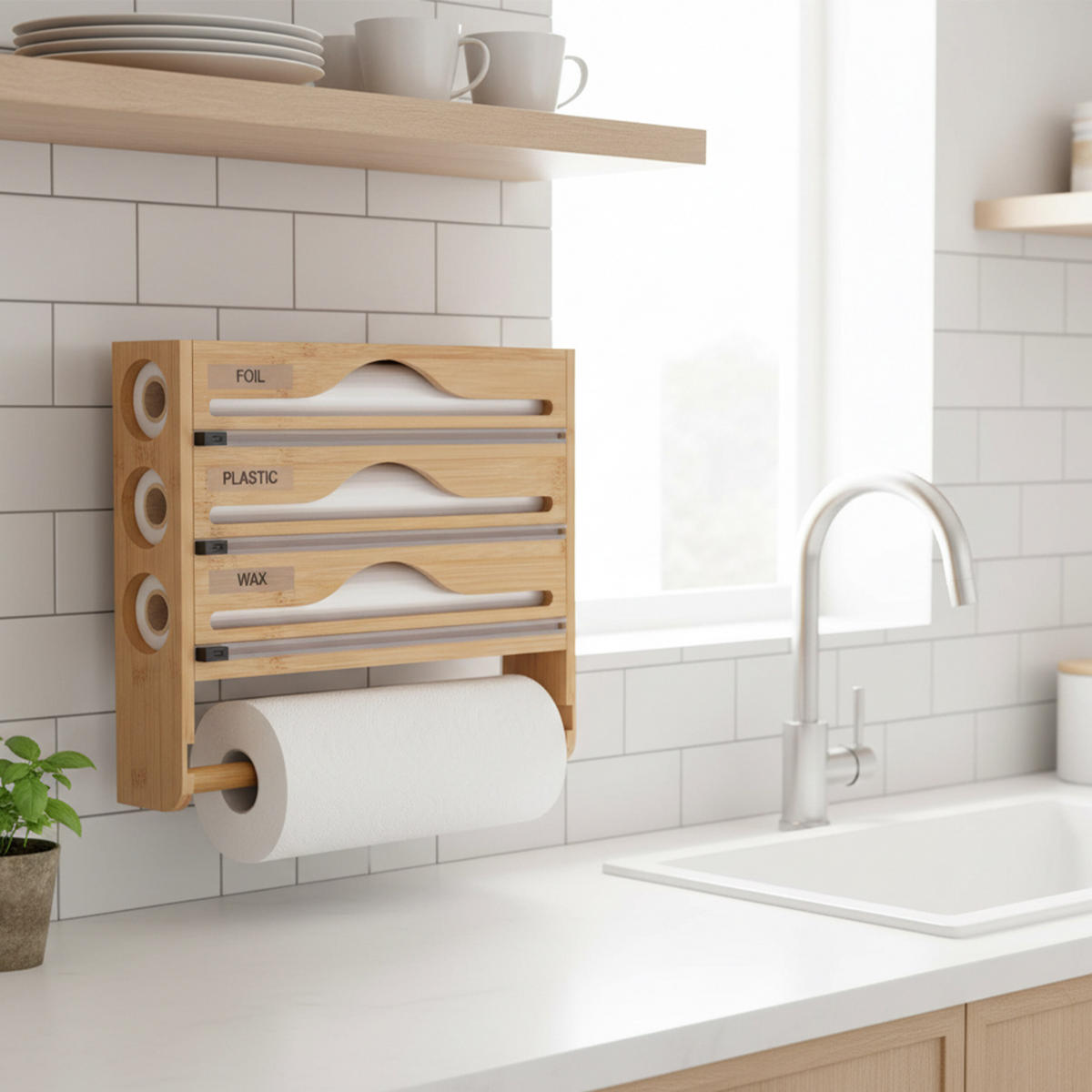 WANDROLLENHALTER - Hellbraun, Holz/Kunststoff (35.5/30/7cm) - Relaxdays