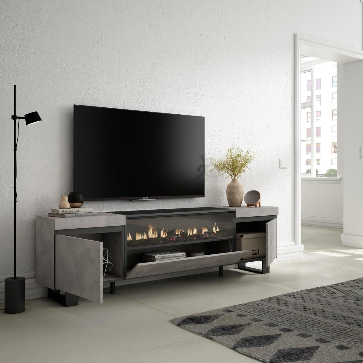 TV-SCHRANK zementgrau, mit Elektrokamin, 200/35/57cm - Hellgrau/Grau, Holzwerkstoff (200/57/35cm) - Skraut Home