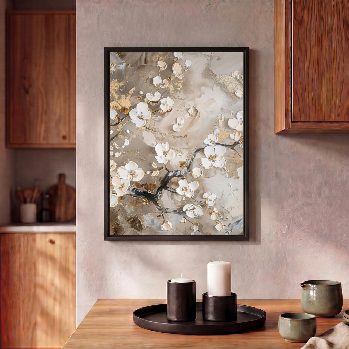 LEINWAND Bilder mit Rahmen - Blumen - Weiß - Gold - Beige - Luxus - 30x40 - Greige, Textil (30/40cm) - MuchoWow