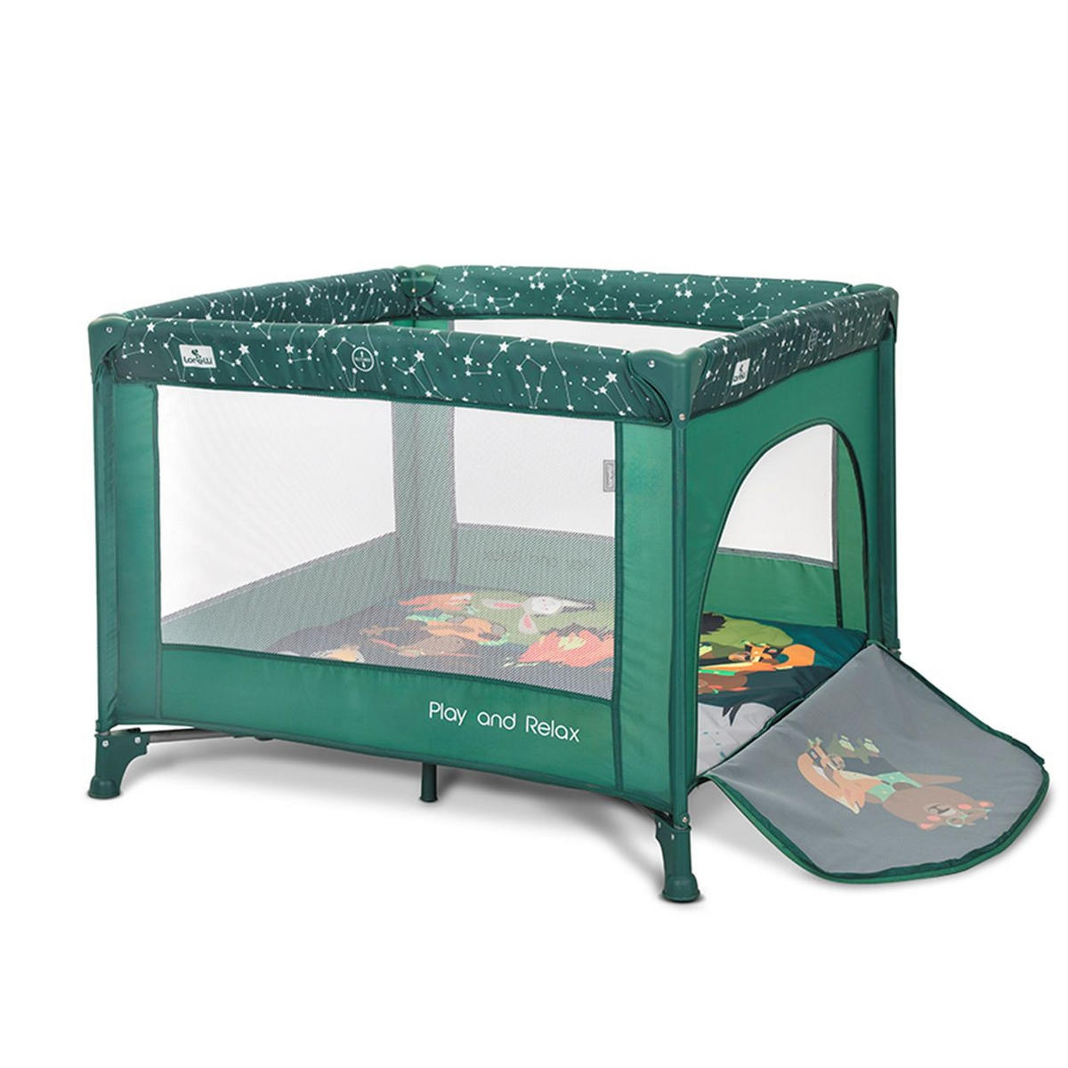 LAUFSTALL Play`n Relax grün 100 x 100 cm, seitliche Öffnung, Matratze, Tragetasche, Babyreisebett - Grün, Metall (100/75/100cm) - Lorelli