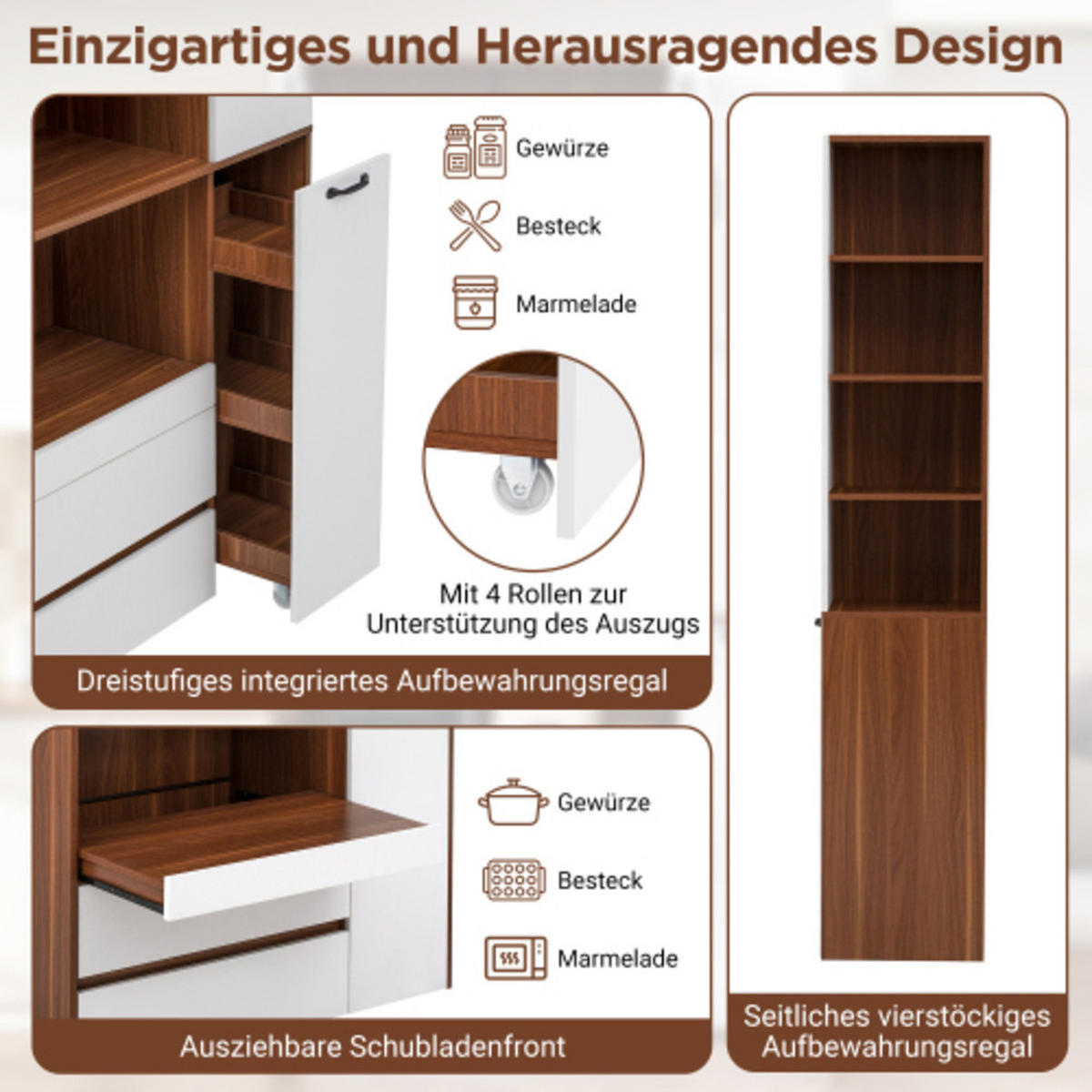 HIGHBOARD mit Riffelglas weiß-walnussfarben 100×40×200 cm aus MDF - Naturfarben, Holzwerkstoff (100/200/40cm) - Luhomfu