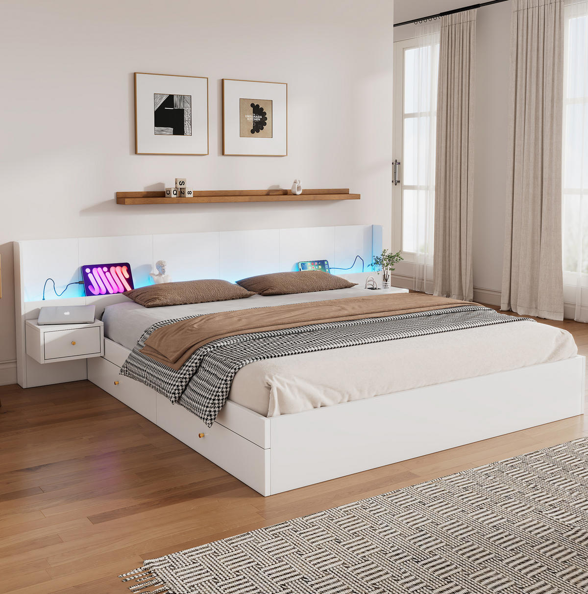 DOPPELBETT aus MDF 180x200 cm Weiß mit LED-Beleuchtung, USB-Anschlüssen, Steckdosen und Stauraum - Weiß, Holzwerkstoff (180/200cm) - IVMEU