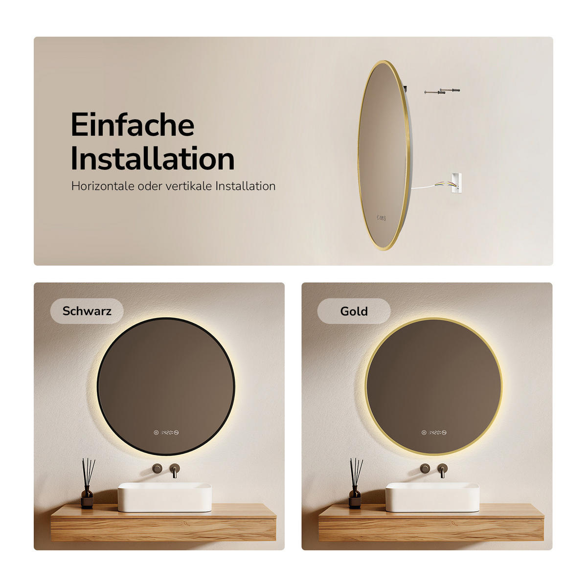 BADSPIEGEL Rund mit Beleuchtung Gold ф60 cm - Goldfarben, Glas (60/3.1/60cm) - EMKE