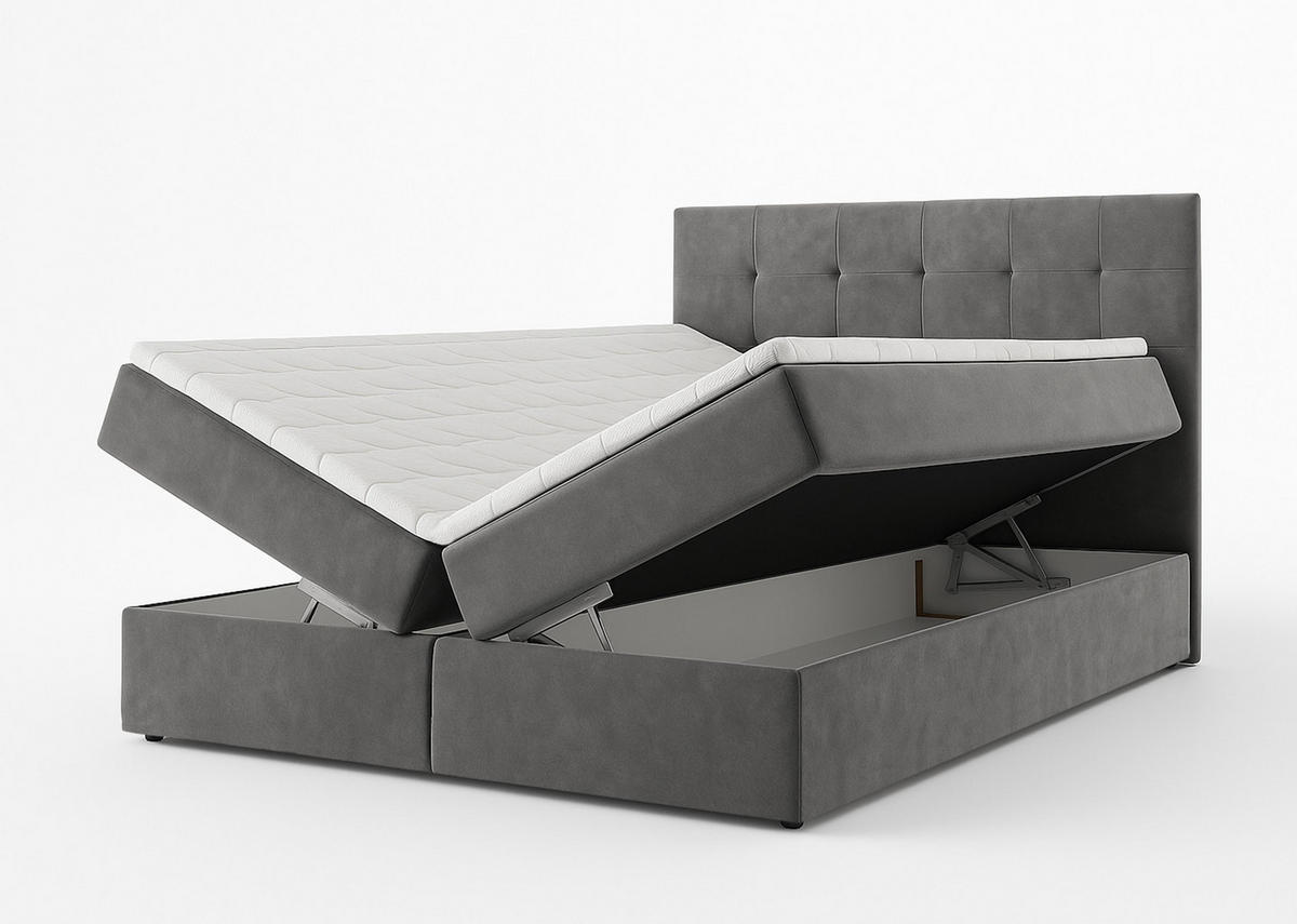 BOXBETT GECETENI 160x200 cm mit Bettkasten und Matratze - Grau - Schwarz/Grau, Holz/Holzwerkstoff (160/200cm) - AX Living
