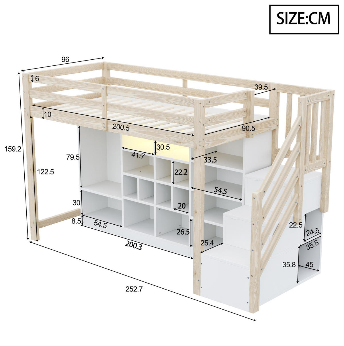 HOCHBETT 90/200 cm mit LED-Beleuchtung, Stauraumfächern und Kleiderschrank, Natur /Weiß - Naturfarben, Holzwerkstoff (90/200cm) - Redom