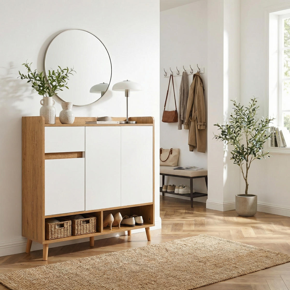 SCHUHSCHRANK in Weiß & Natur mit Massivholzbeinen & Push-to-Open-Funktion - Walnussfarben, Holzwerkstoff (90/99/35cm) - Urban Meuble